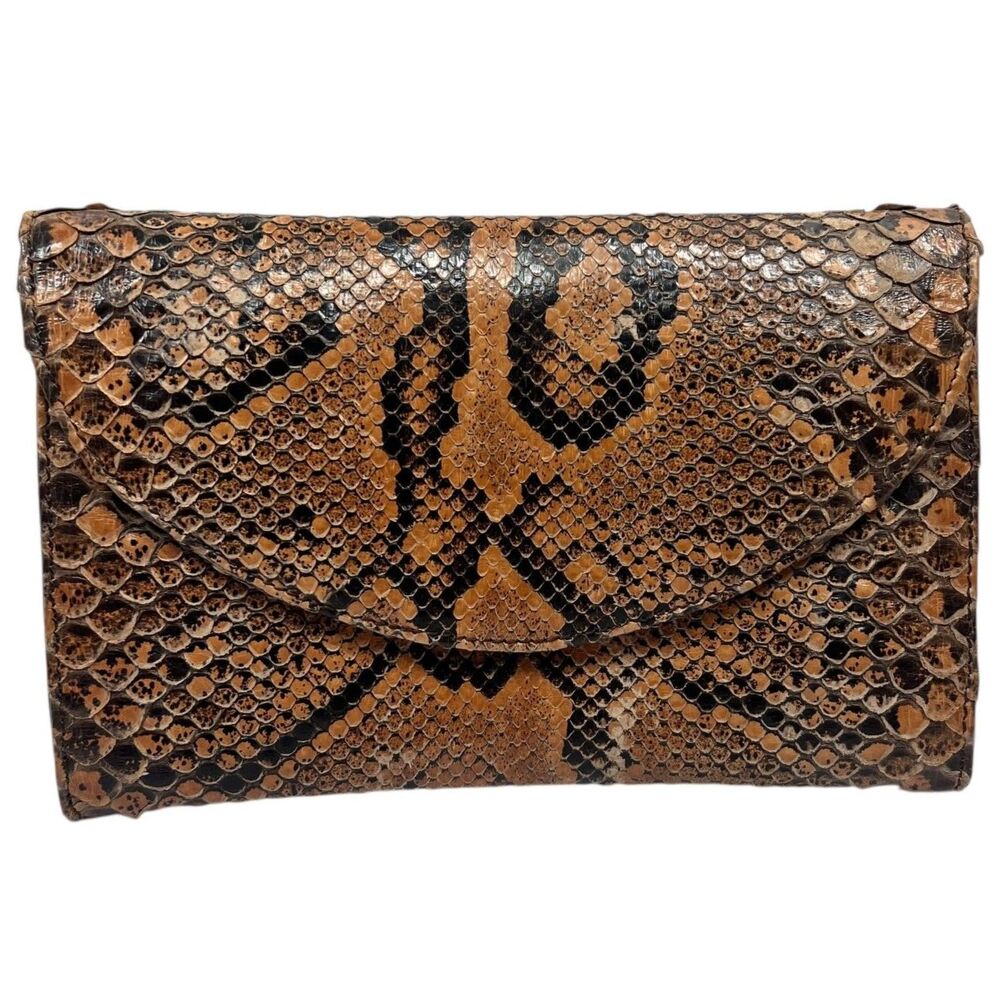 Vintage Snakeskin Clutch Earth Tones Natural 1970s Handmade Tan Brown Black